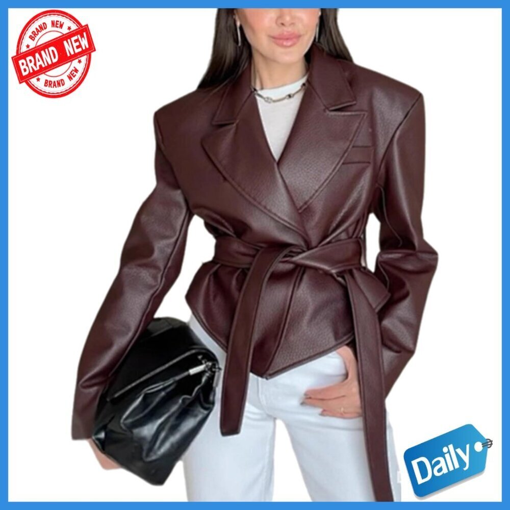 Faux Leather Motorcycle Jacket with Belt, Women's Bomber Style